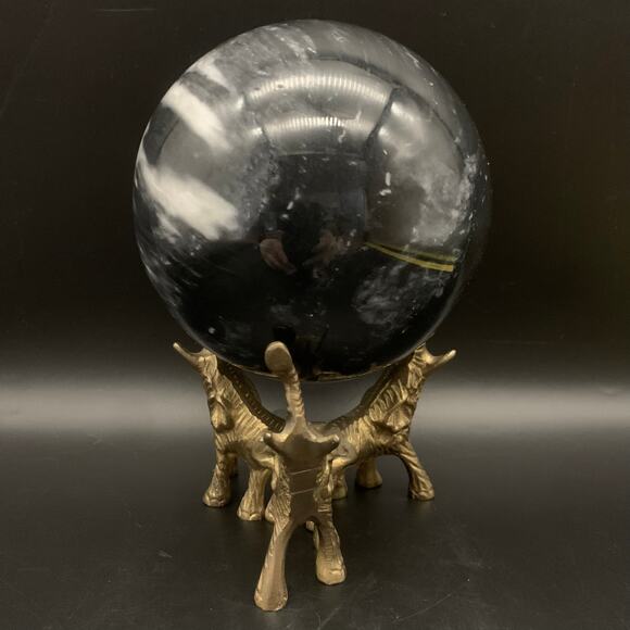 Vintage Black Agate Sphere Orb Crystal with Brass Elephant Stand - Picture 2 of 14